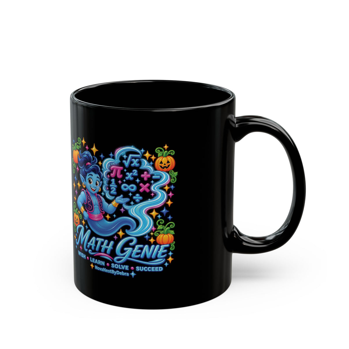 Math Genie Black Mug — Halloween Teacher Gift, Learn Solve Succeed Coffee Cup