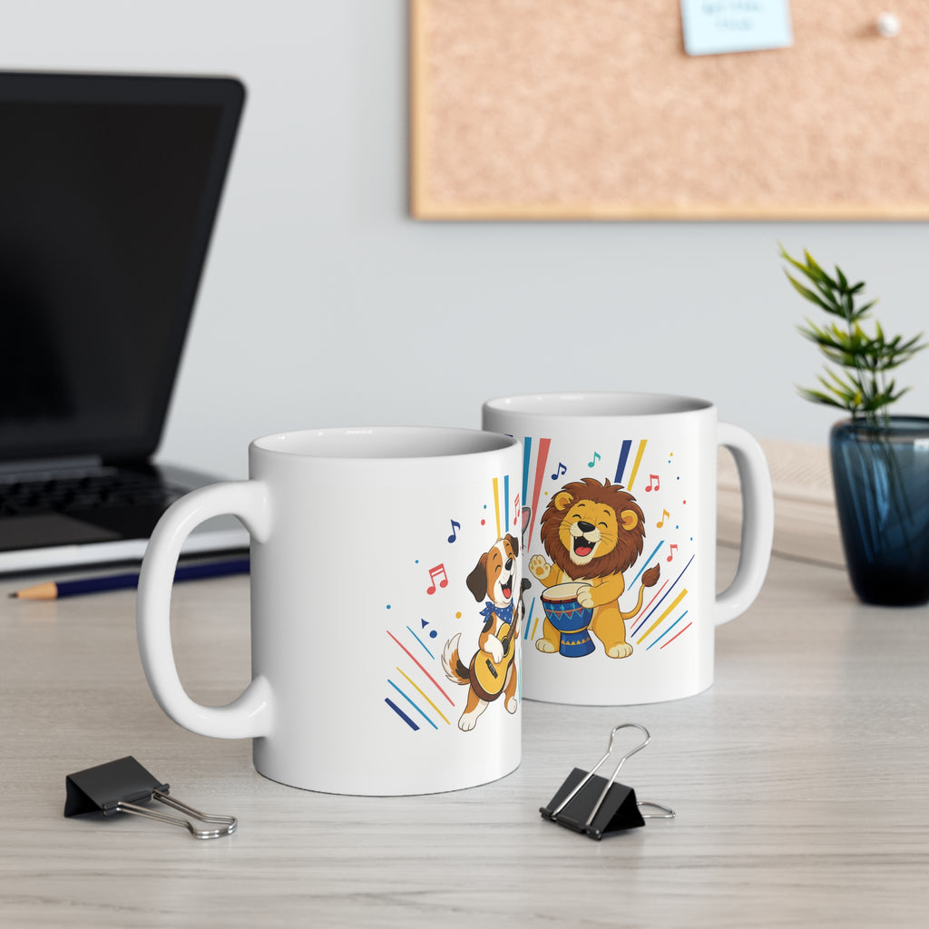 Music Party Animal Mug — Cute Singing Dog, Cat & Lion 11oz Ceramic