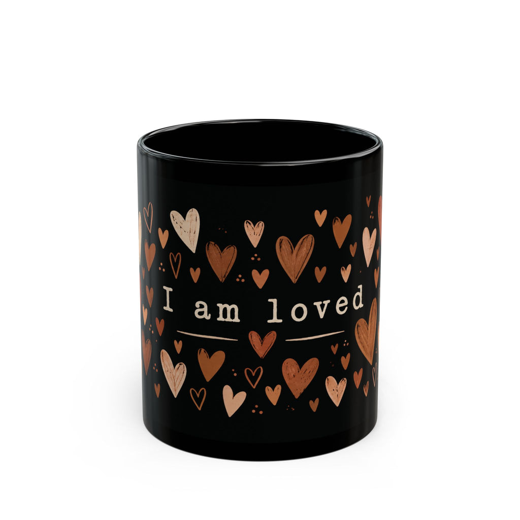 I Am Loved Black Ceramic Mug — 11oz/15oz Heart Pattern Gift for Loved Ones
