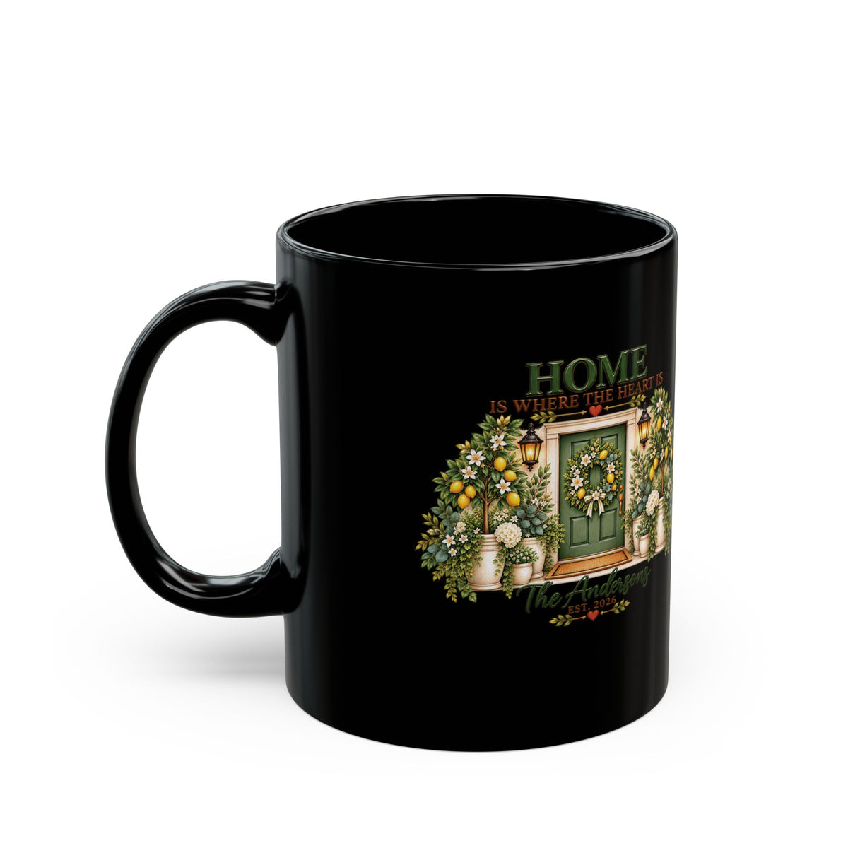 Home Is Where The Heart Is Coffee Mug — Floral Door 11oz Black Ceramic