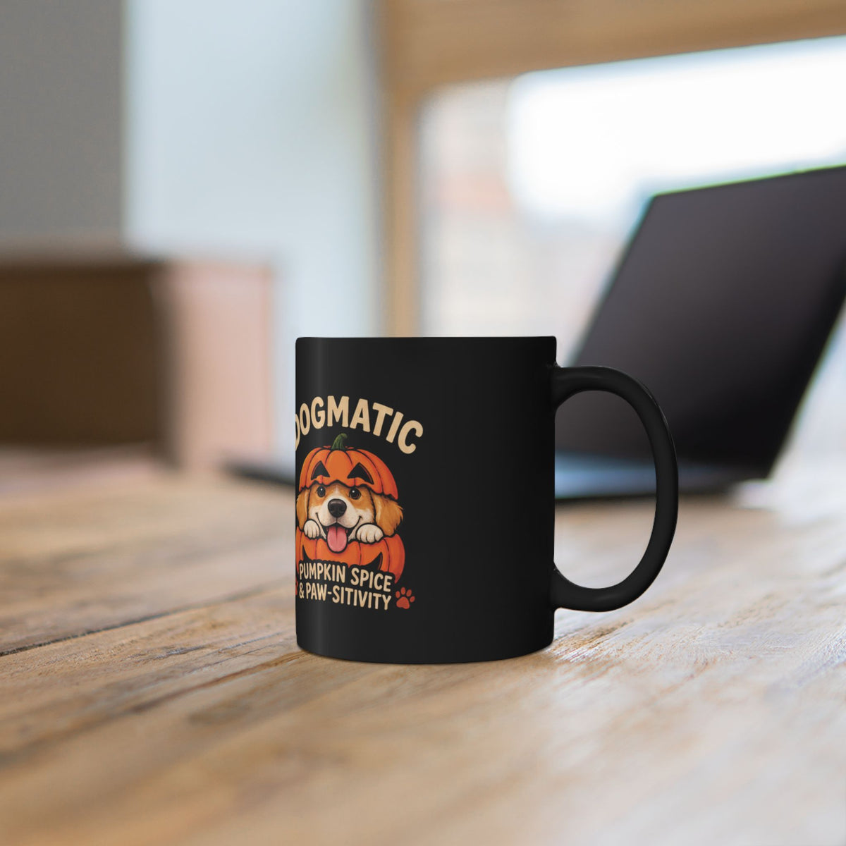 Dogmatic Pumpkin Spice Black Mug — Cute Pup Halloween Coffee Cup (11oz, 15oz)