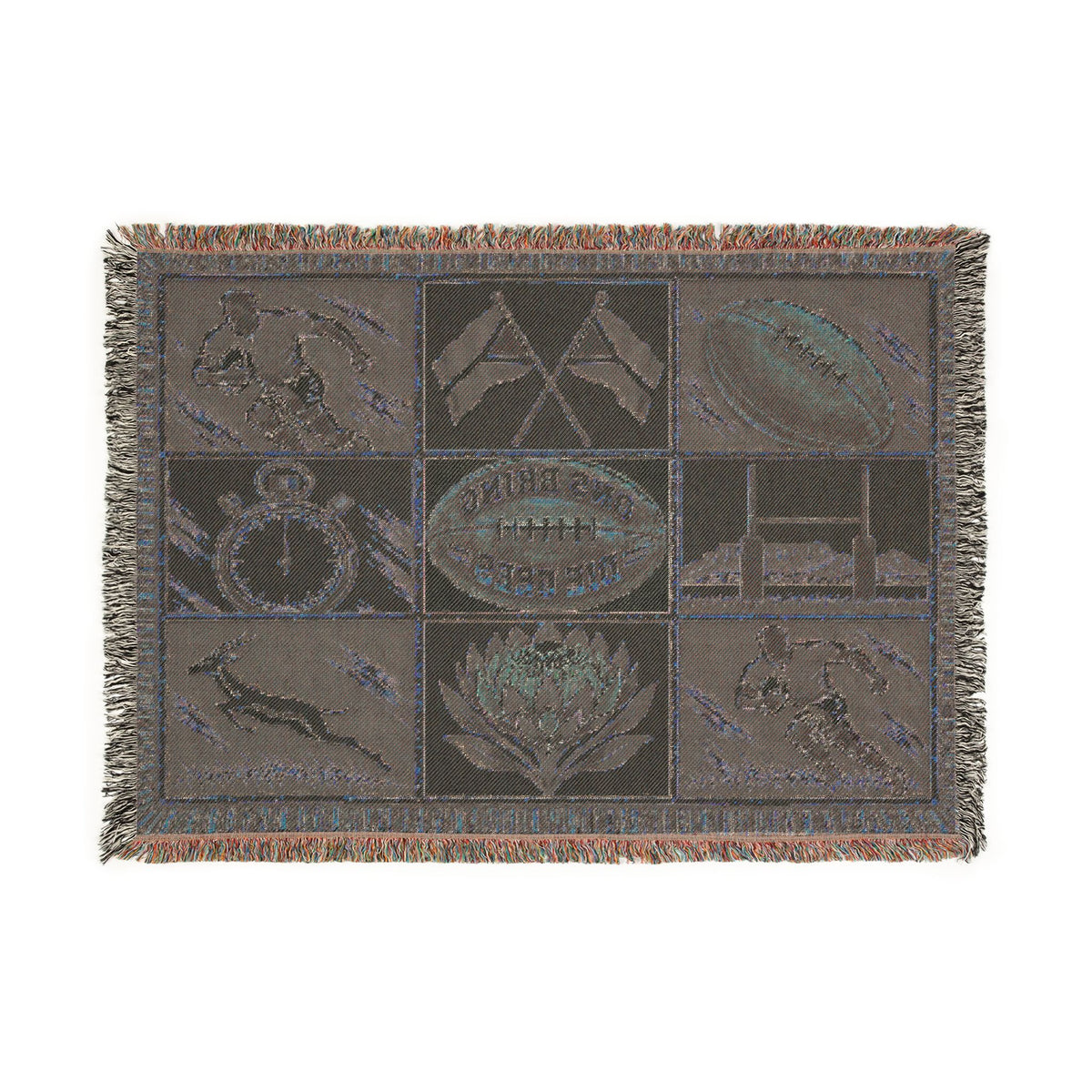 Football Mosaic Woven Blanket — Vintage Game Day Throw with Stopwatch & Goal Imagery