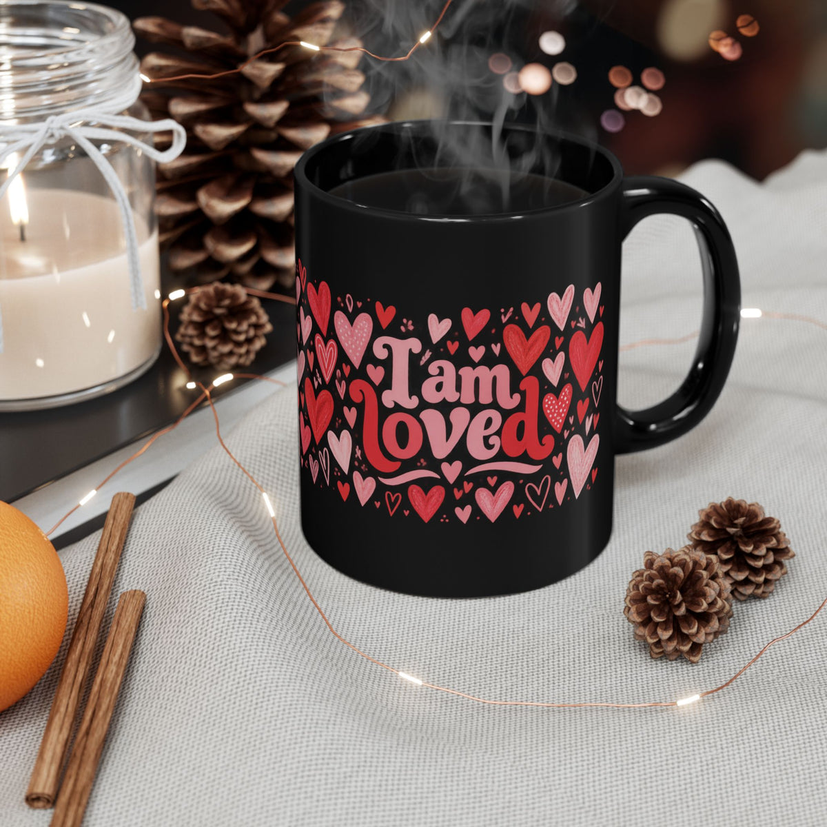 'I Am Loved' Heart Pattern Black Mug — Valentine's & Self-Love Coffee Cup (11oz, 15oz)