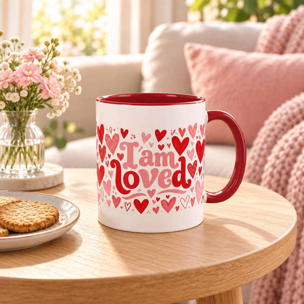 I Am Loved Heart Pattern Accent Coffee Mug – Valentine’s Day Gift