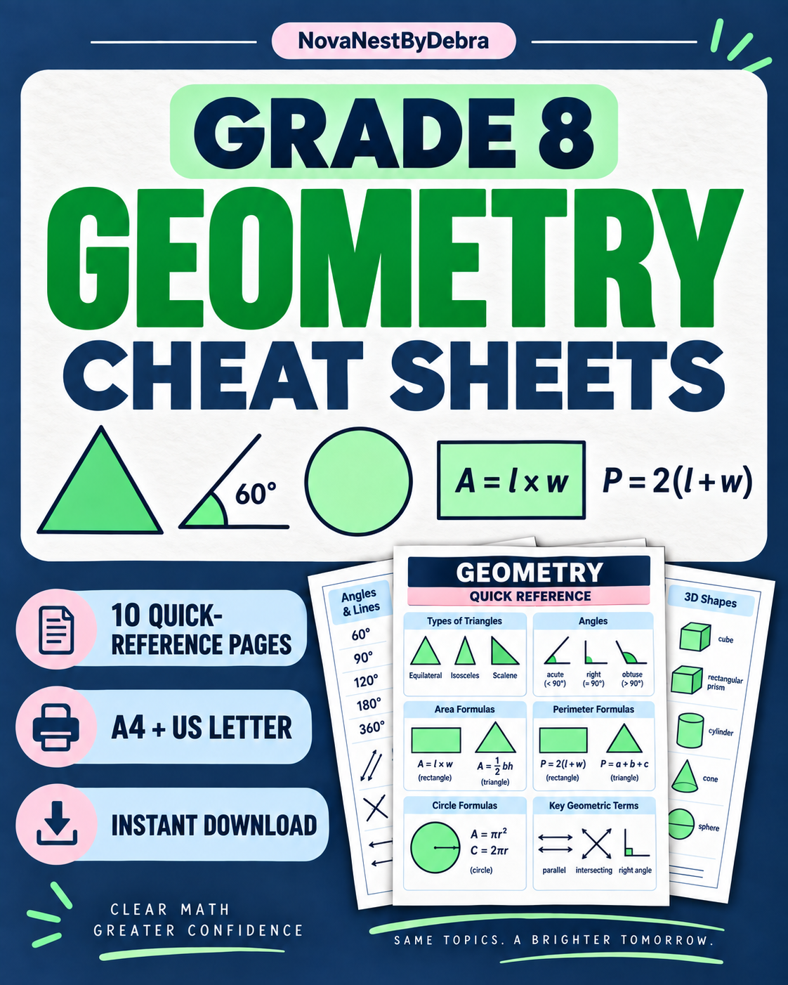 Grade 8 Geometry Cheat Sheet | Middle School Math Study Guide | Shapes, Angles & Formulas | Printable PDF