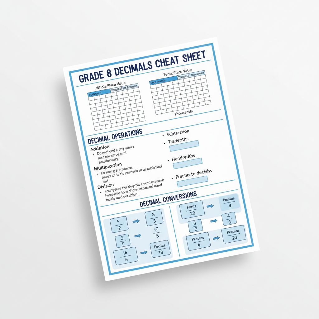 Grade 8 Decimals Cheat Sheet printable PDF mockup